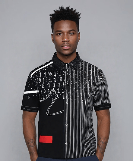 model rocking ugov button down rhistone shirt
